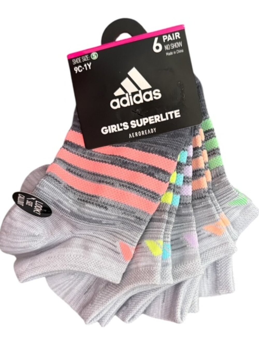 Adidas Girls Superlite No Show Socks 6 Pair Pack Shoe Size 9C-1Y Aeroready Gray